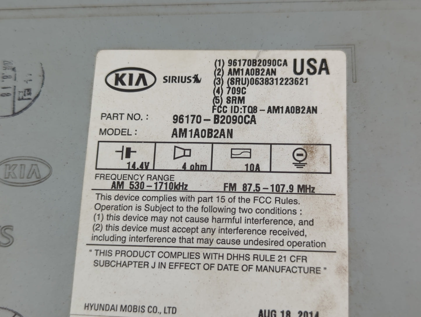 2014-2016 Kia Soul Radio AM FM Cd Player Receiver Replacement P/N:96170-B2090CA Fits Fits 2014 2015 2016 OEM Used Auto Parts