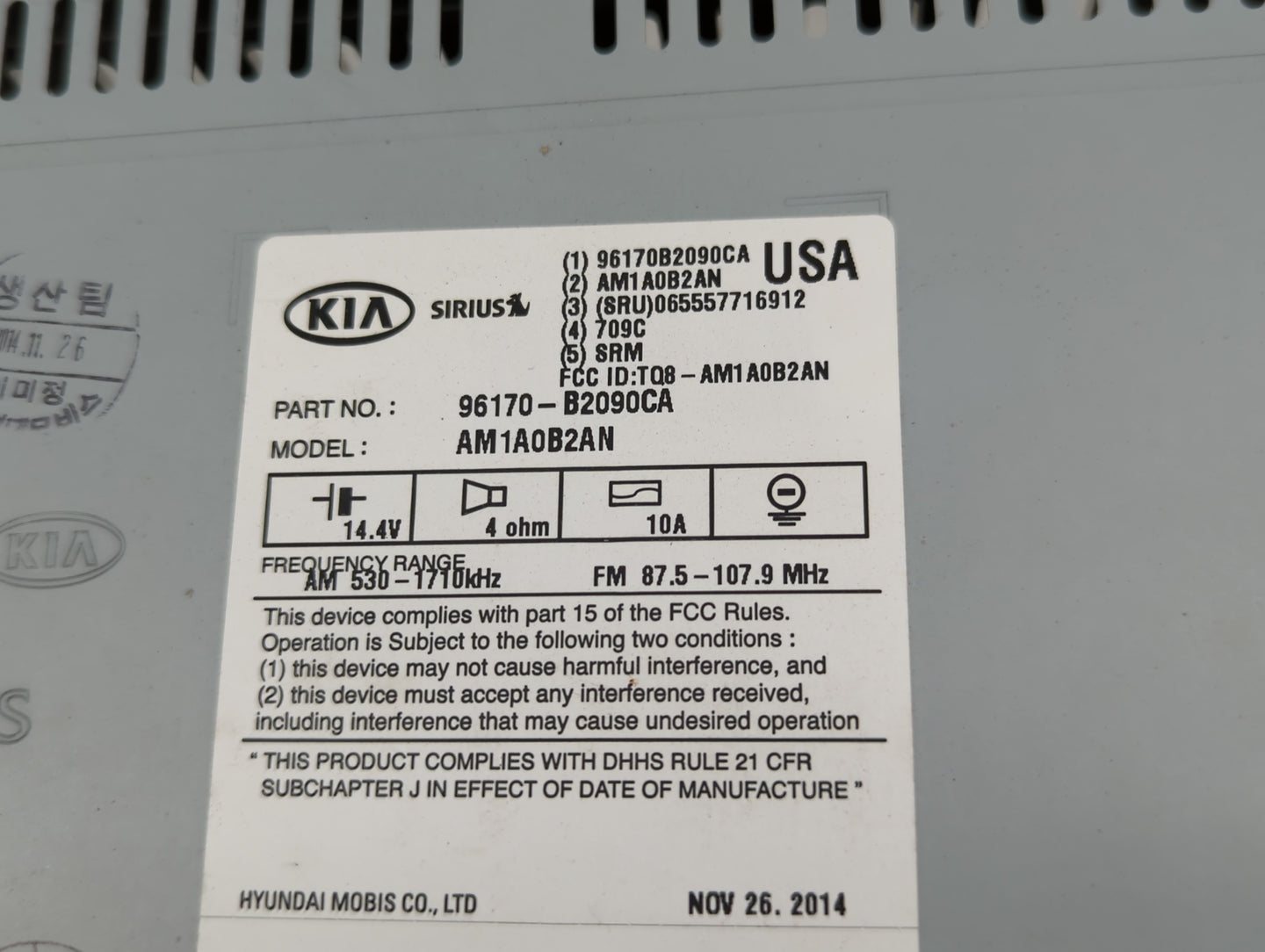 2014-2016 Kia Soul Radio AM FM Cd Player Receiver Replacement P/N:96170-B2090CA Fits Fits 2014 2015 2016 OEM Used Auto Parts