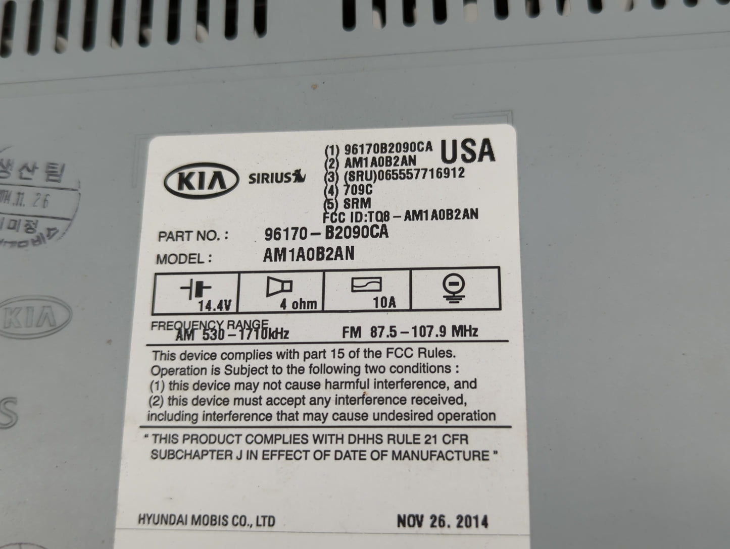 2014-2016 Kia Soul Radio AM FM Cd Player Receiver Replacement P/N:96170-B2090CA Fits Fits 2014 2015 2016 OEM Used Auto Parts
