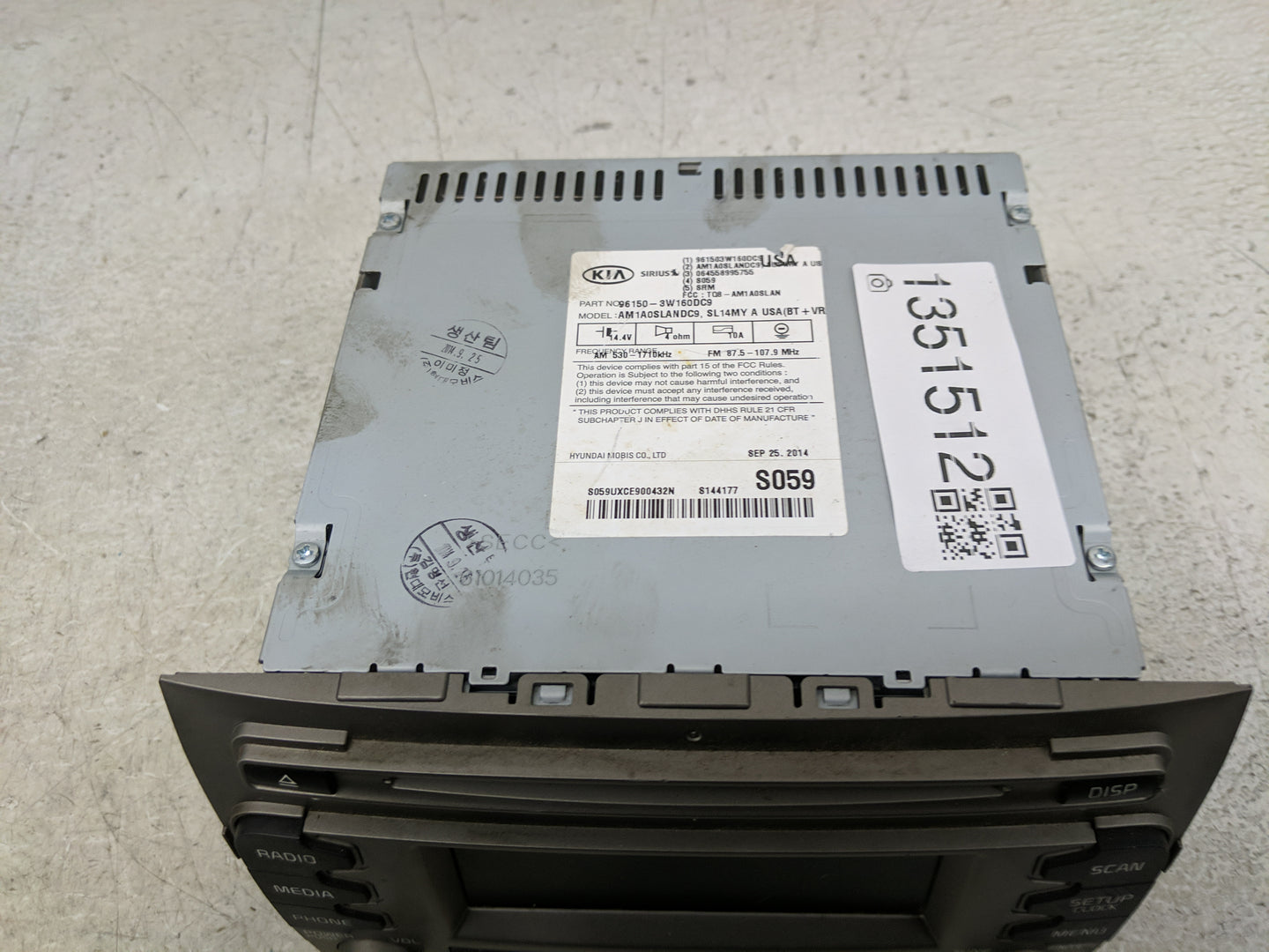 2014-2016 Kia Sportage Radio AM FM Cd Player Receiver Replacement P/N:96150-3W160DC9 Fits Fits 2014 2015 2016 OEM Used Auto 