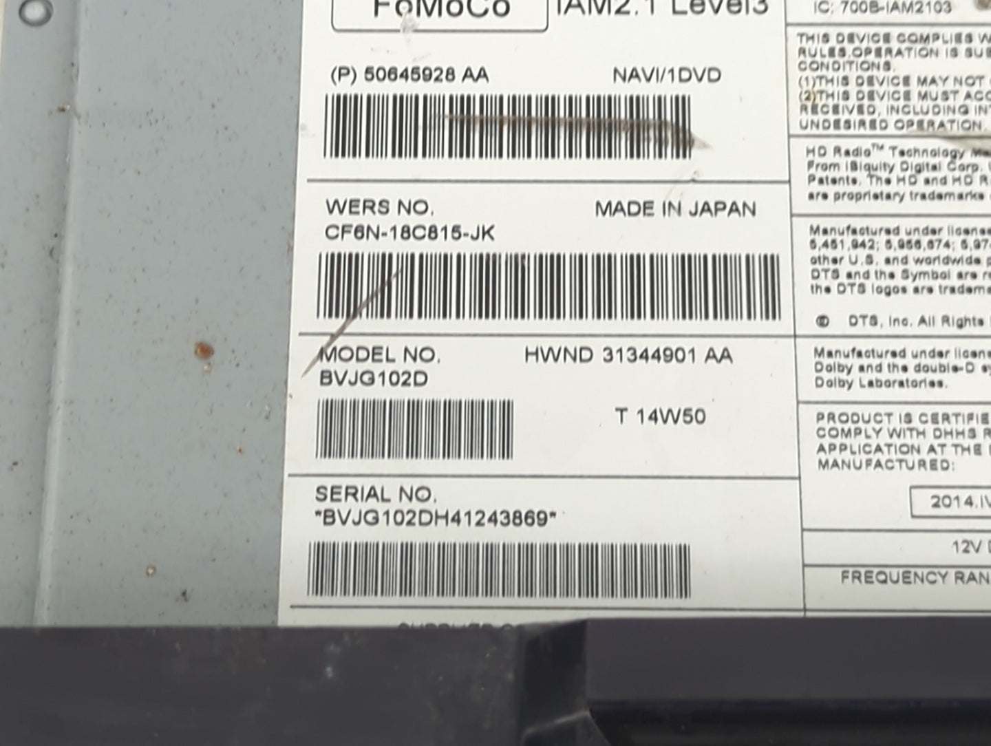2012-2016 Land Rover Lr4 Radio AM FM Cd Player Receiver Replacement P/N:50645928 AA CF6N-18C815-JK Fits OEM Used Auto Parts 