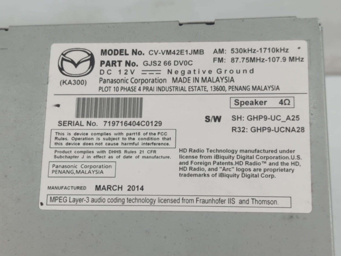 2014-2015 Mazda 6 Radio AM FM Cd Player Receiver Replacement P/N:GJS2 66 DV0C Fits Fits 2013 2014 2015 2016 OEM Used Auto Pa