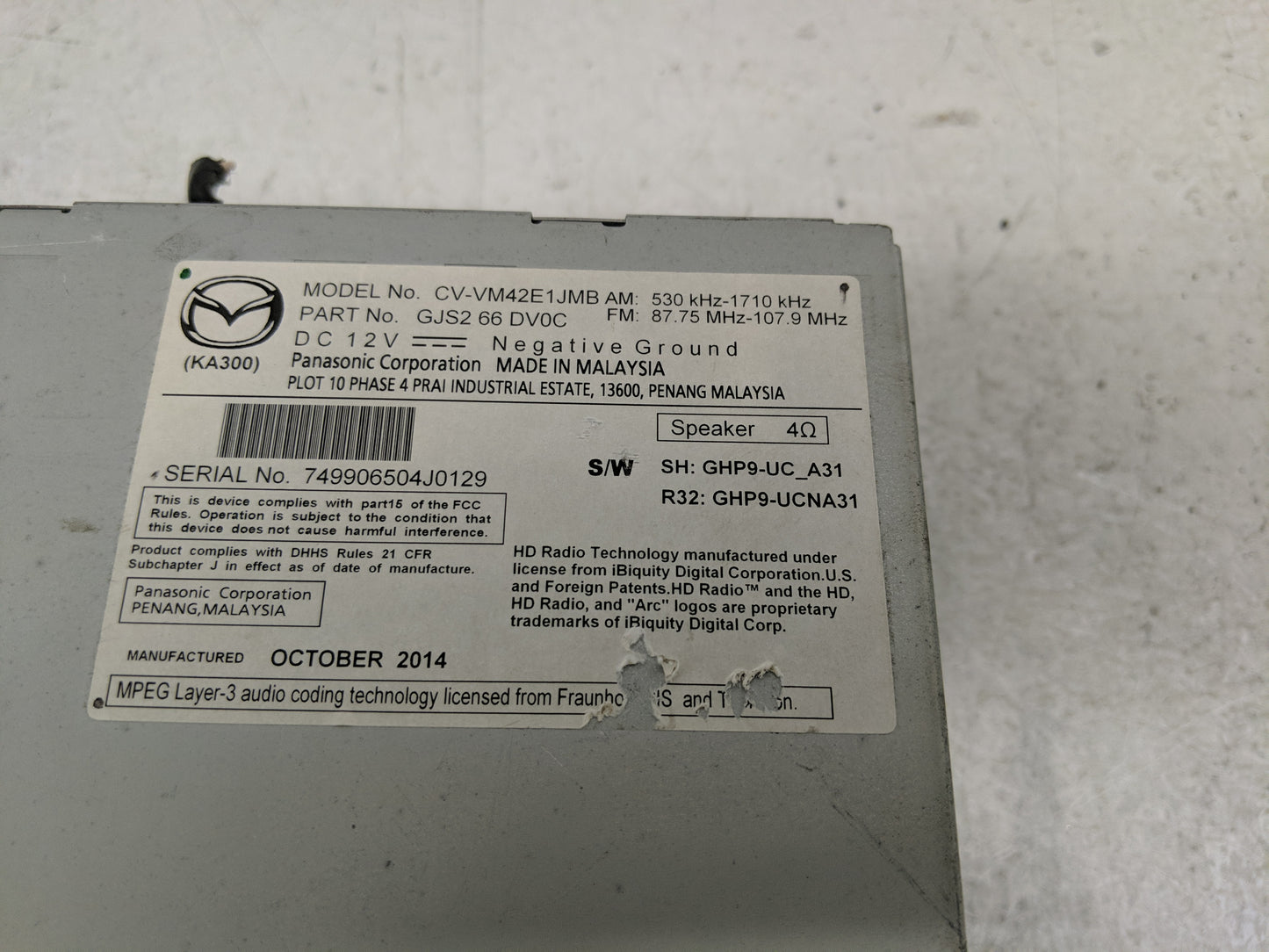 2015 Mazda 6 Radio AM FM Cd Player Receiver Replacement P/N:GJS2 66 DV0B Fits OEM Used Auto Parts - Oemusedautoparts1.com