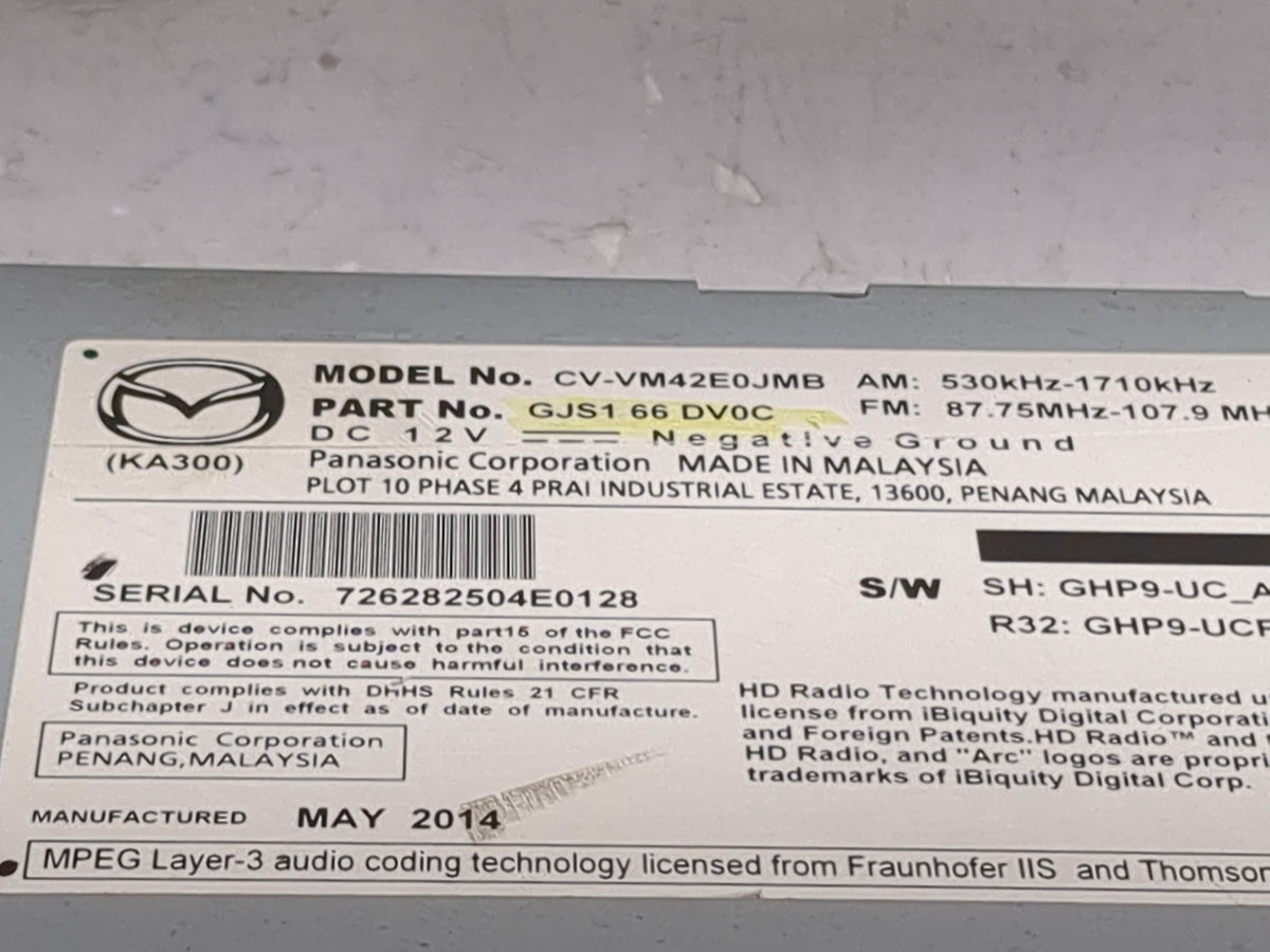 2014-2015 Mazda 6 Radio AM FM Cd Player Receiver Replacement P/N:CV-VM42E0JMB GJS1 66 DV0C Fits Fits 2014 2015 OEM Used Auto