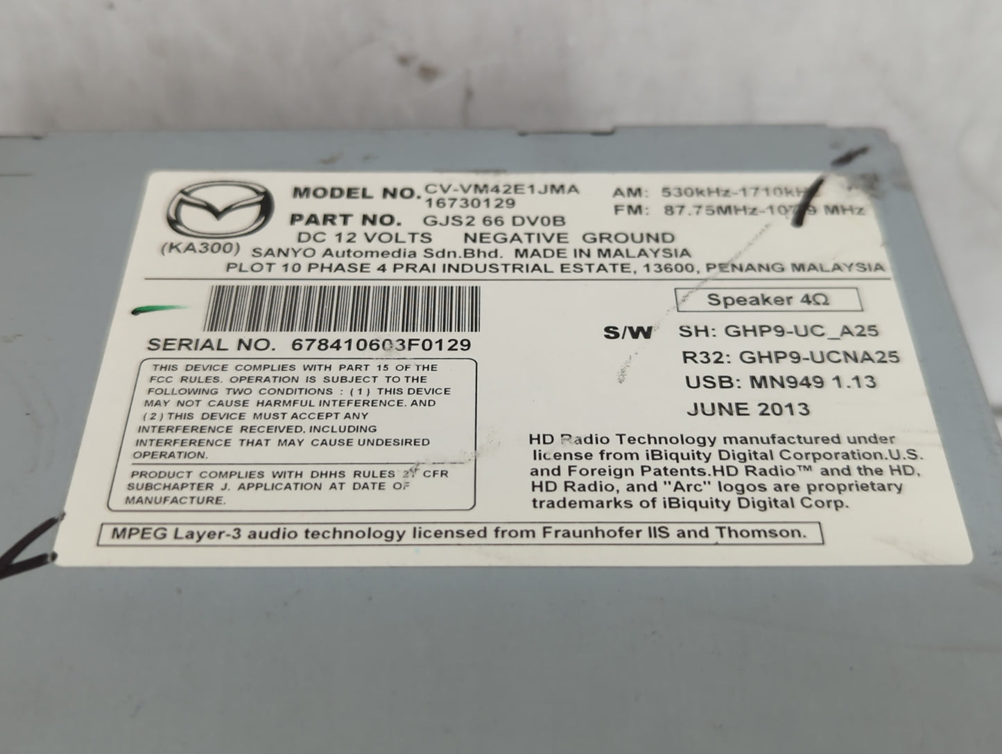 2014 Mazda 6 Radio AM FM Cd Player Receiver Replacement P/N:GJS2 66 DV0C GJS1 66 DV0C, 16730129, CV-VM42E1JMA, GJS1 66 DV0A 