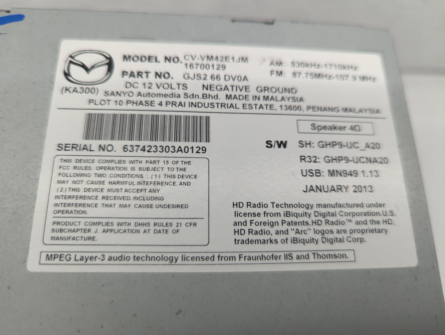 2015 Mazda 6 Radio AM FM Cd Player Receiver Replacement P/N:GJS1 66 DV0B GJS2 66 DV0C, GJS1 66 DV0C, 16730129, CV-VM42E1JMA 