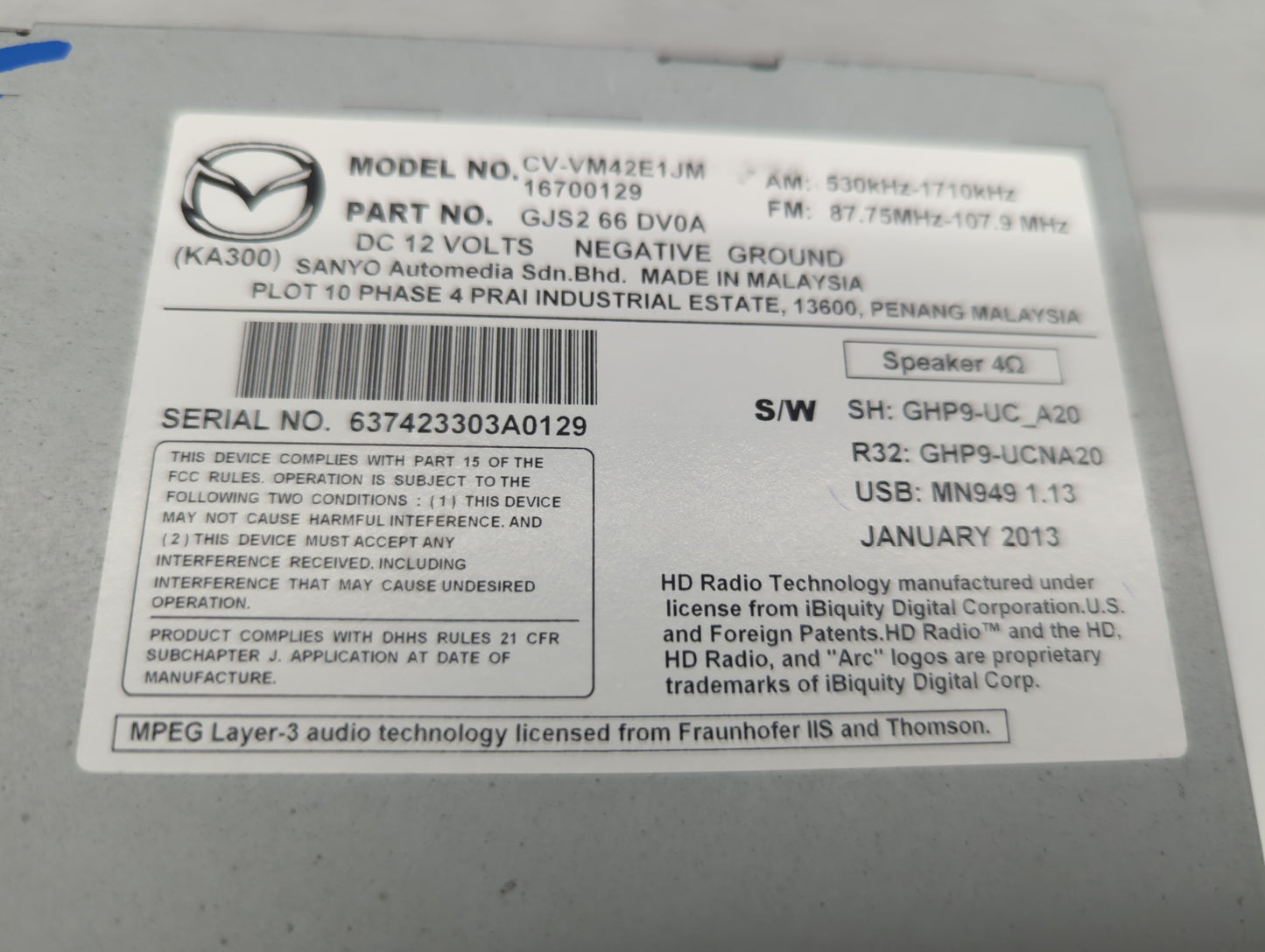 2015 Mazda 6 Radio AM FM Cd Player Receiver Replacement P/N:GJS1 66 DV0B GJS2 66 DV0C, GJS1 66 DV0C, 16730129, CV-VM42E1JMA 