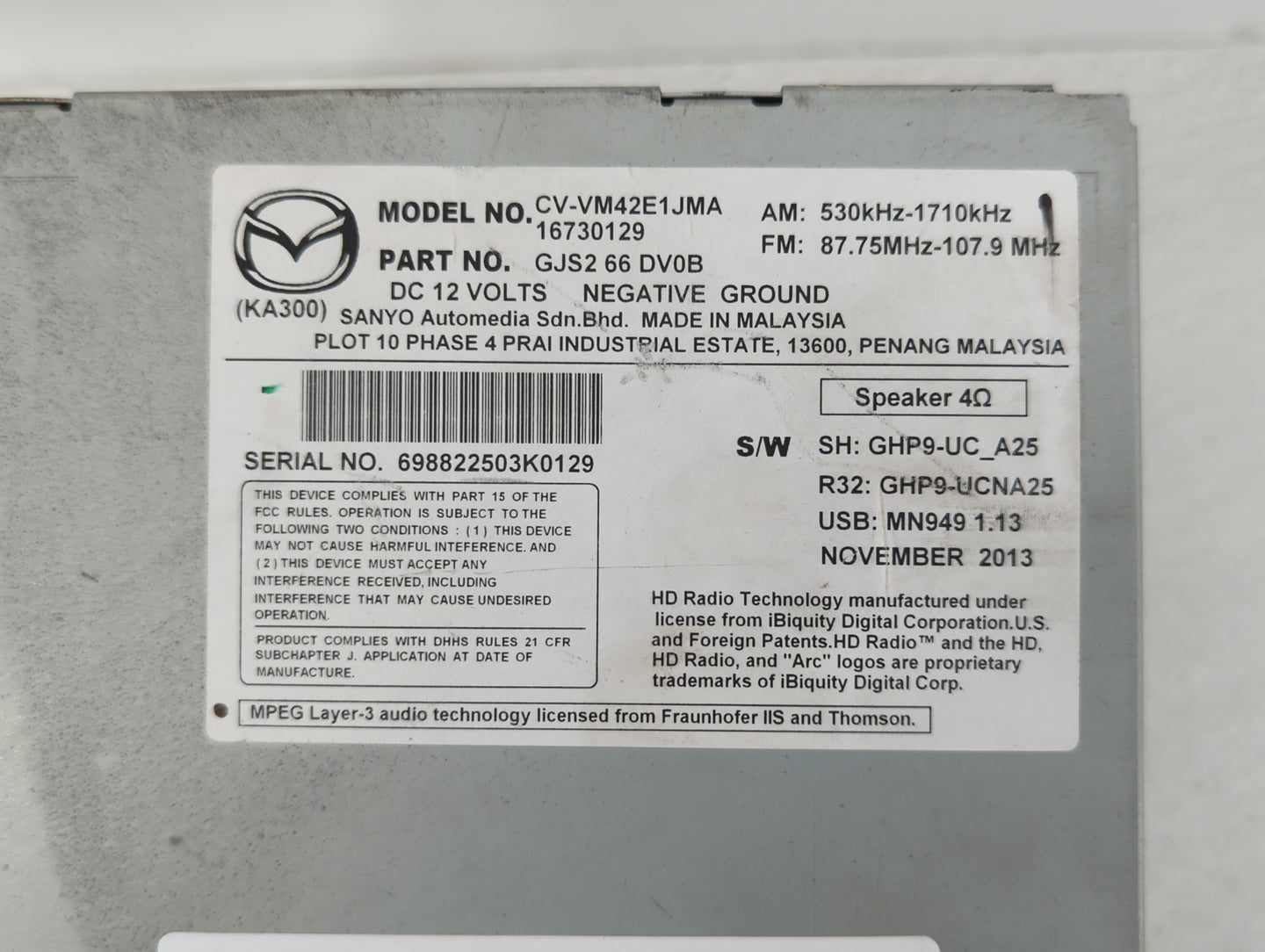 2015 Mazda 6 Radio AM FM Cd Player Receiver Replacement P/N:GJS2 66 DV0C GJS2 66 DV0B, GJS2 66 DV0A, GJS1 66 DV0B Fits OEM U