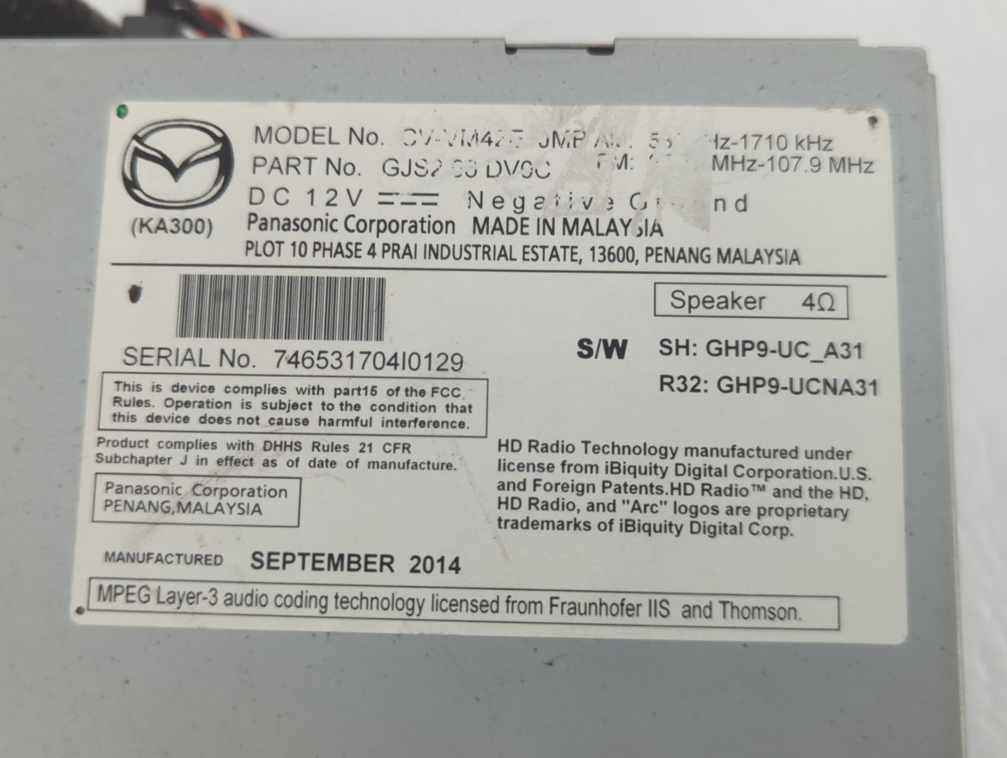 2015 Mazda 6 Radio AM FM Cd Player Receiver Replacement P/N:CV-VM42E1JMB GJS2 66 DV0C Fits OEM Used Auto Parts - Oemusedauto