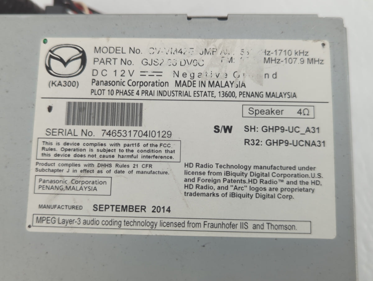 2014 Mazda 6 Radio AM FM Cd Player Receiver Replacement P/N:CV-VM42E1JMB GJS2 66 DV0C Fits OEM Used Auto Parts - Oemusedauto
