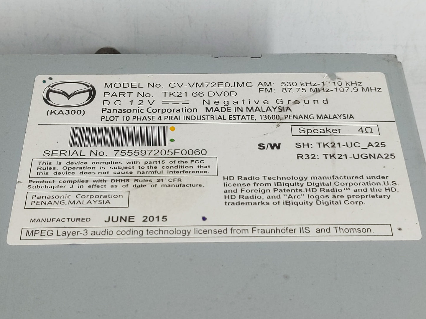 2013-2015 Mazda Cx-9 Radio AM FM Cd Player Receiver Replacement P/N:TK21 66 DV0D Fits Fits 2013 2014 2015 OEM Used Auto Part