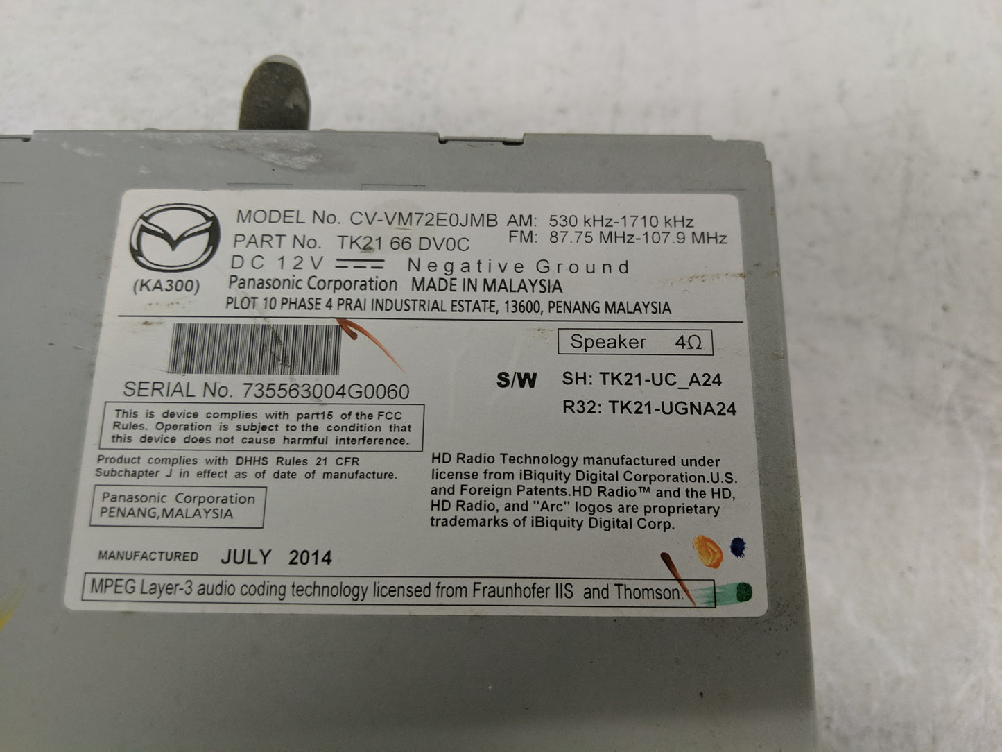 2015 Mazda Cx-9 Radio AM FM Cd Player Receiver Replacement P/N:CV-VM72E0JMB Fits OEM Used Auto Parts - Oemusedautoparts1.com