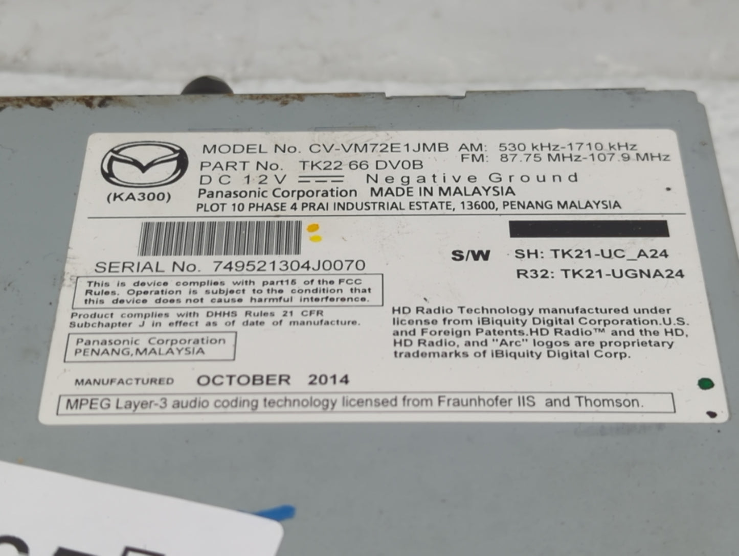 2013-2015 Mazda Cx-9 Radio AM FM Cd Player Receiver Replacement P/N:TK2266DV0B Fits Fits 2013 2014 2015 OEM Used Auto Parts 