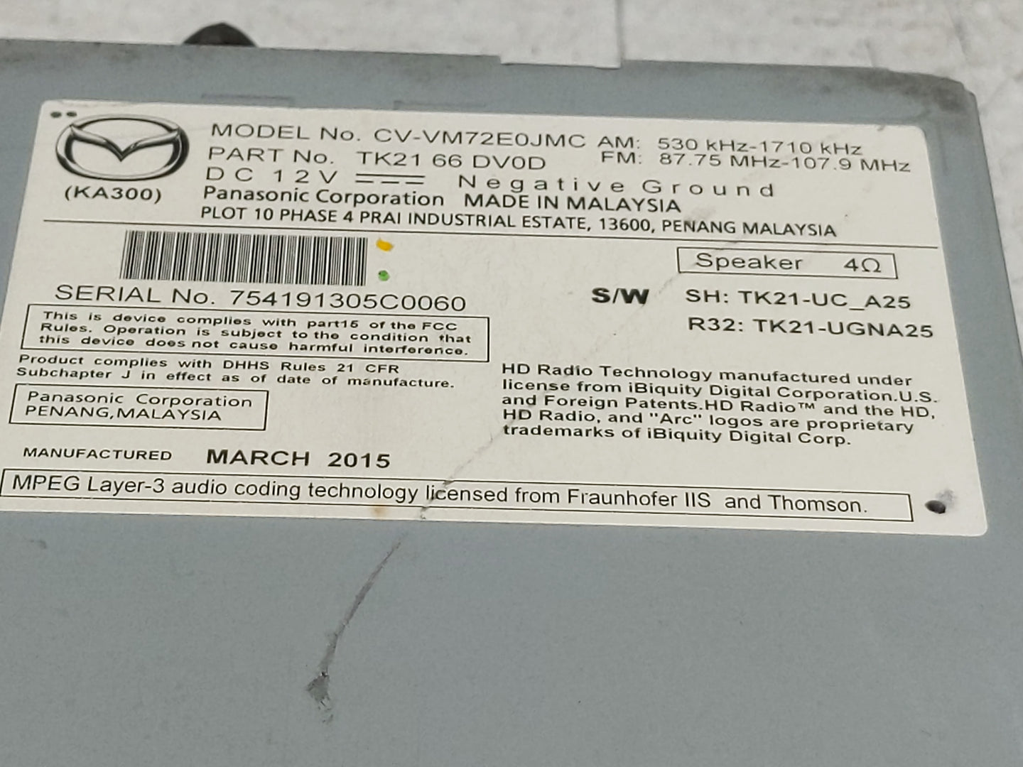 2013-2015 Mazda Cx-9 Radio AM FM Cd Player Receiver Replacement P/N:TK21 66 DV0D Fits Fits 2013 2014 2015 OEM Used Auto Part