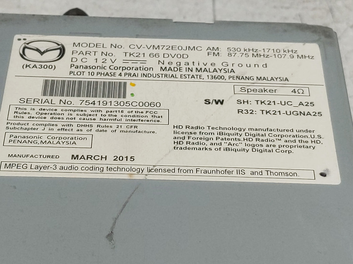 2013-2015 Mazda Cx-9 Radio AM FM Cd Player Receiver Replacement P/N:TK21 66 DV0D Fits Fits 2013 2014 2015 OEM Used Auto Part