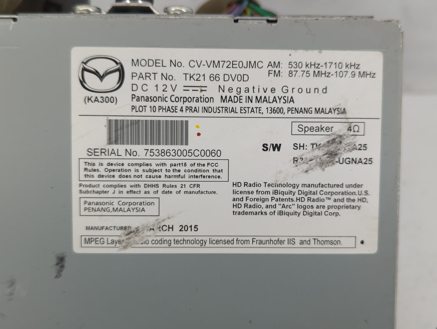 2013-2015 Mazda Cx-9 Radio AM FM Cd Player Receiver Replacement P/N:TK21 66 DV0D Fits Fits 2013 2014 2015 OEM Used Auto Part