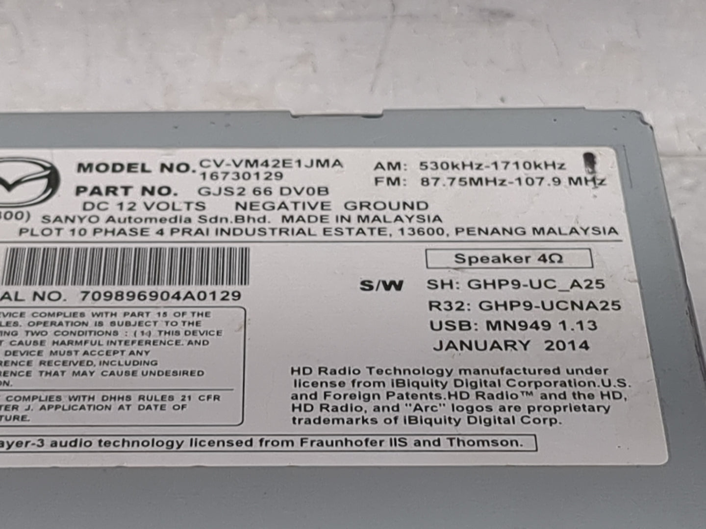 2015 Mazda Mazda6 Radio AM FM Cd Player Receiver Replacement P/N:CV-VM42E1JMA GJS2 66 DV0B, 16730129 Fits OEM Used Auto Part