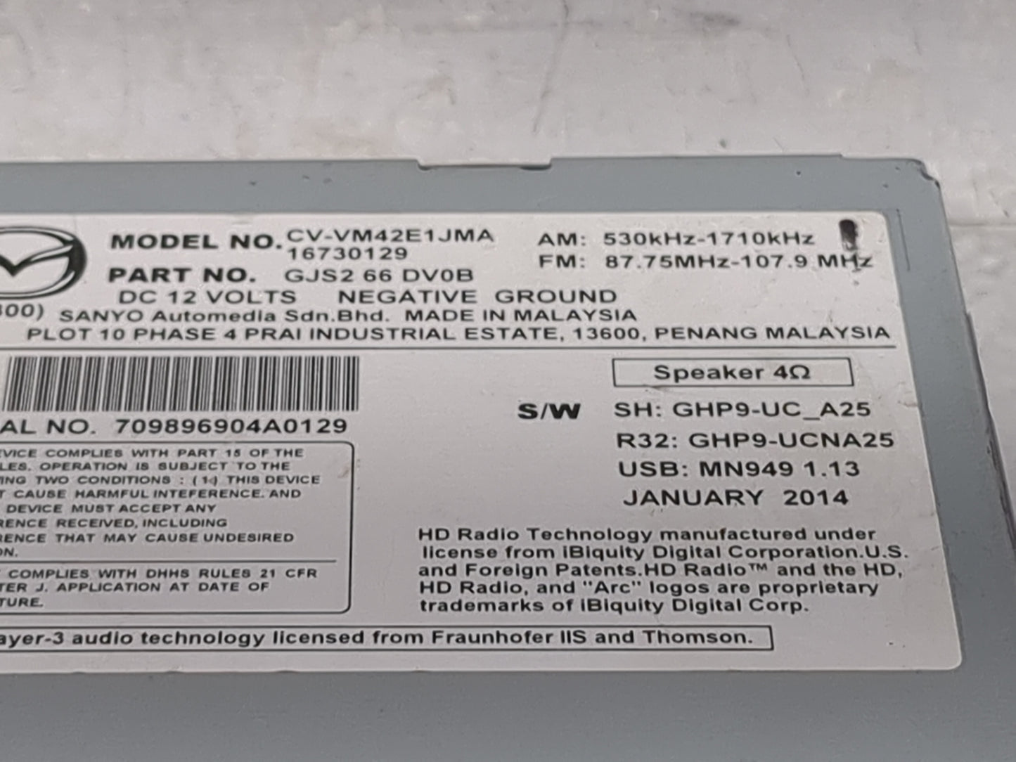 2015 Mazda Mazda6 Radio AM FM Cd Player Receiver Replacement P/N:CV-VM42E1JMA GJS2 66 DV0B, 16730129 Fits OEM Used Auto Part
