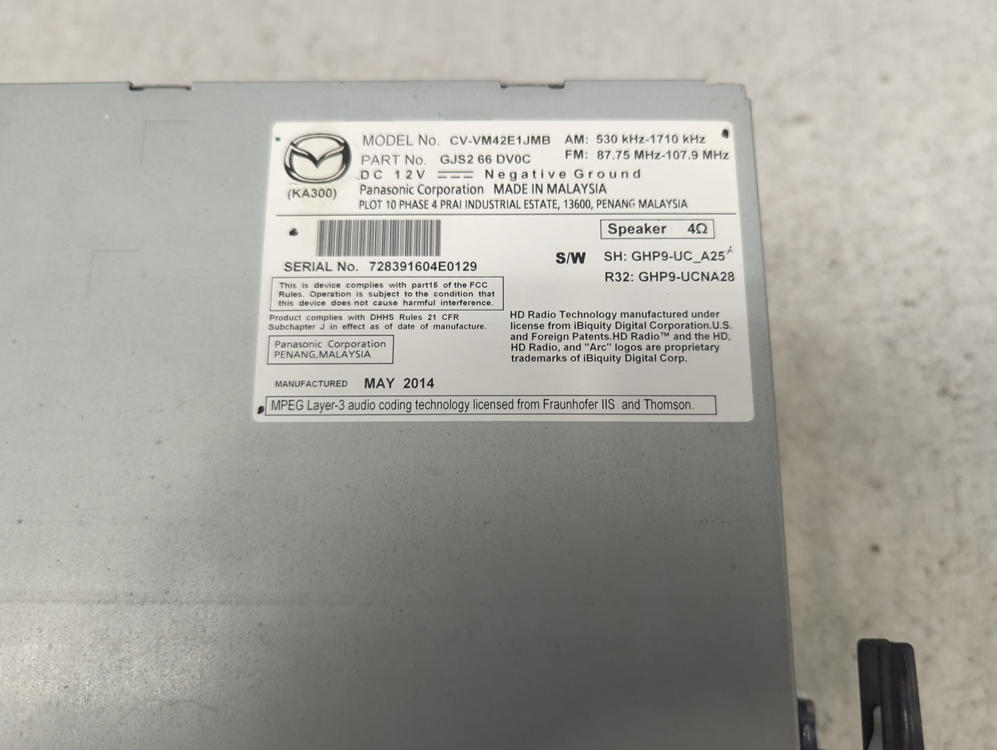 2015 Mazda Mazda6 Radio AM FM Cd Player Receiver Replacement P/N:CV-VM42E1JMB GJS2 66 DV0C, GHP9-UC_A25 Fits Fits 2013 2014 