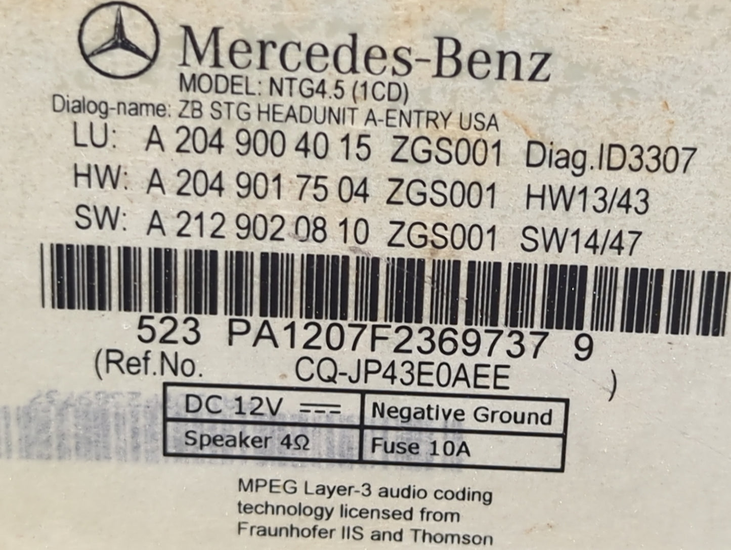 2015 Mercedes-Benz C-Class Radio AM FM Cd Player Receiver Replacement P/N:A2049004015 A2049017504, A2129020810 Fits Fits 201