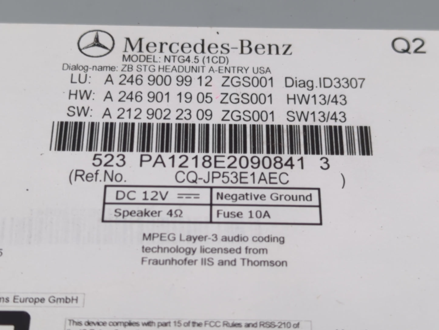 2015 Mercedes-Benz Gla250 Radio AM FM Cd Player Receiver Replacement P/N:A 246 900 99 12 Fits OEM Used Auto Parts - Oemuseda
