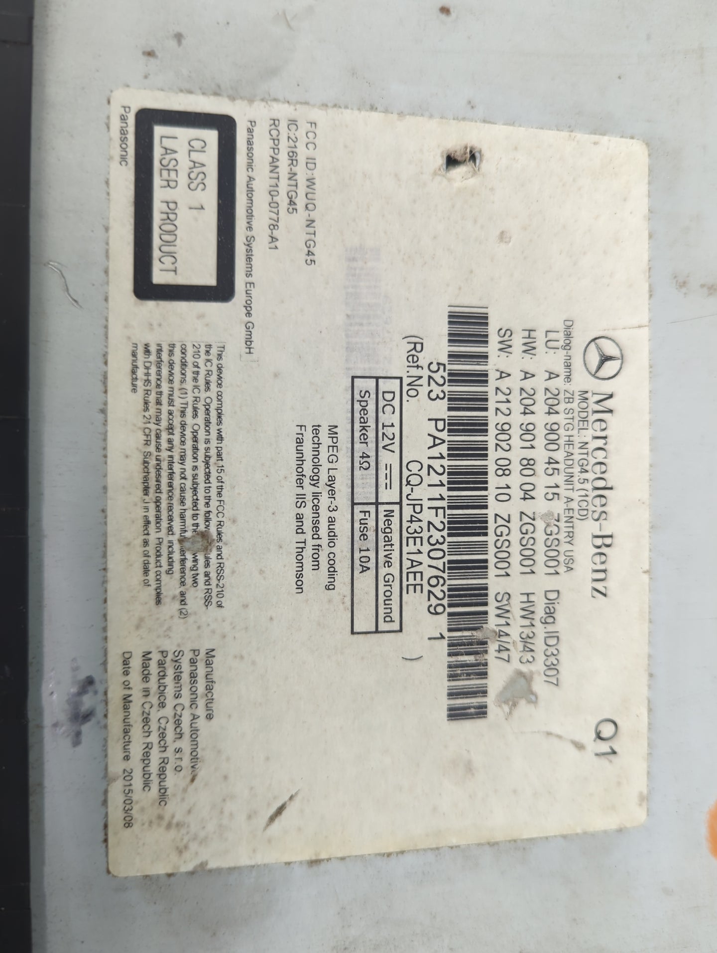 2014-2015 Mercedes-Benz Glk350 Radio AM FM Cd Player Receiver Replacement P/N:A 204 901 80 04 A 204 900 45 15 Fits OEM Used 