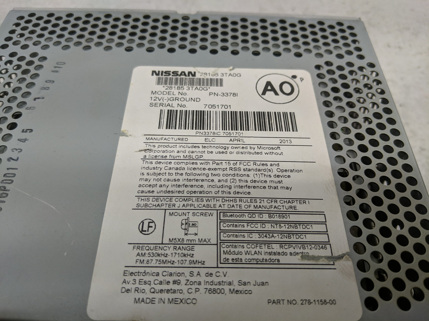 2013-2015 Nissan Altima Radio AM FM Cd Player Receiver Replacement P/N:28185 3TB0G Fits Fits 2013 2014 2015 OEM Used Auto Pa