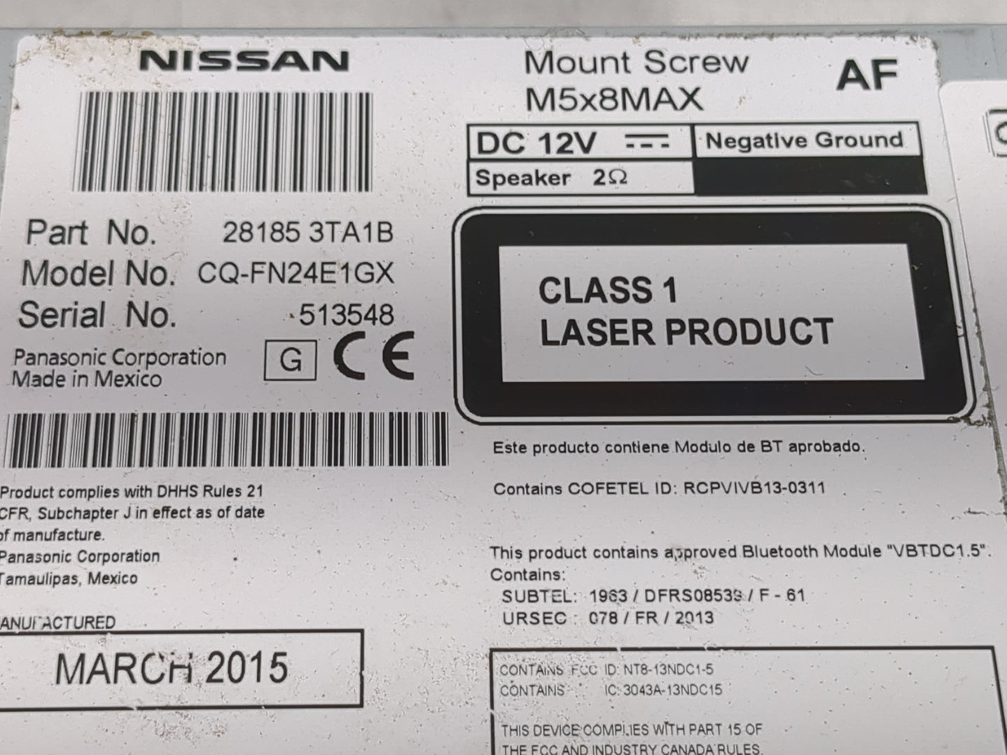 2013-2015 Nissan Altima Radio AM FM Cd Player Receiver Replacement P/N:28185 3TA1B Fits Fits 2013 2014 2015 OEM Used Auto Pa