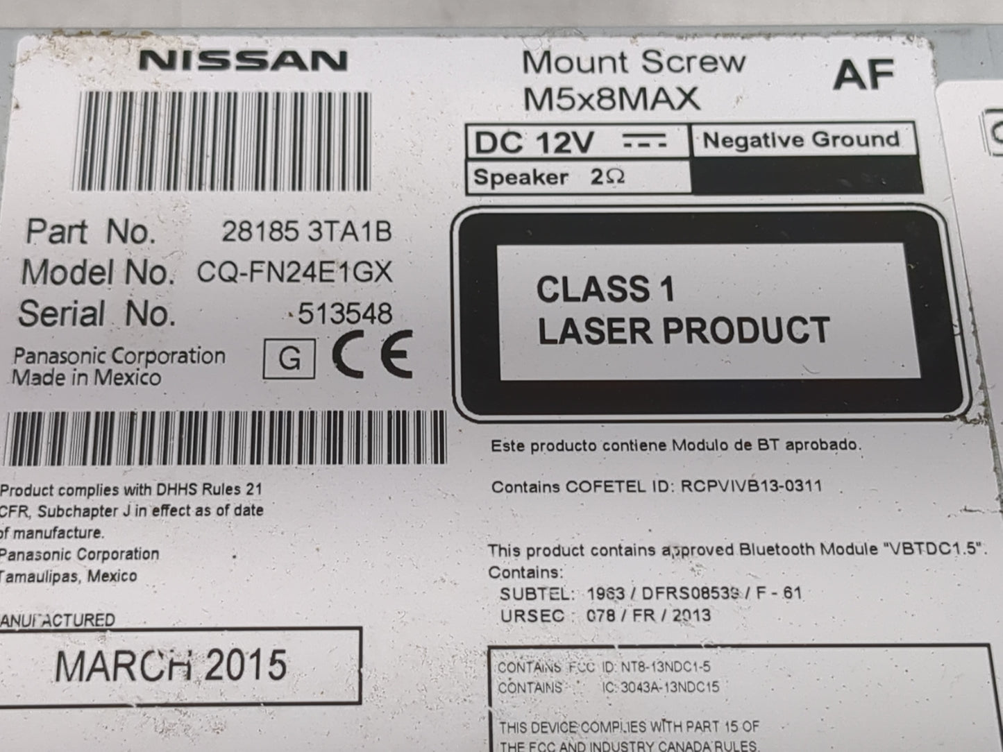 2013-2015 Nissan Altima Radio AM FM Cd Player Receiver Replacement P/N:28185 3TA1B Fits Fits 2013 2014 2015 OEM Used Auto Pa