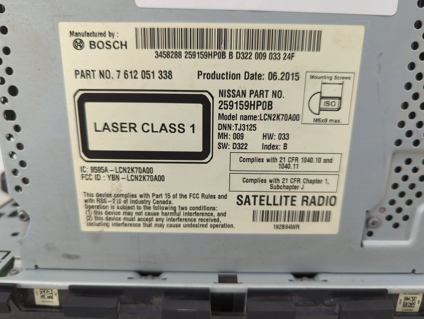 2015 Nissan Altima Radio AM FM Cd Player Receiver Replacement P/N:259159HP0B 7612051338, LCN2K70A00, TJ3125, YBN-LCN2K70A00 