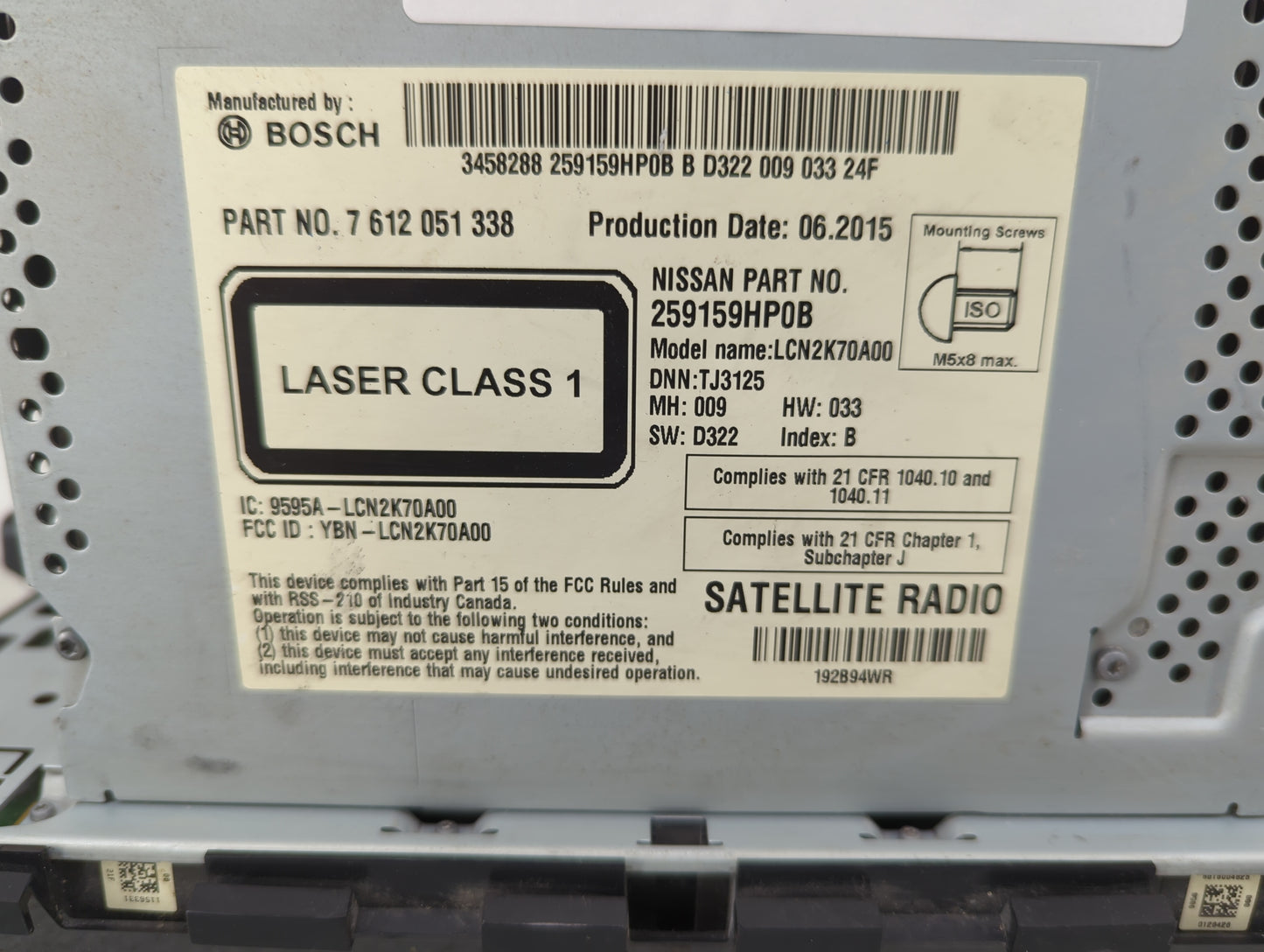 2015 Nissan Altima Radio AM FM Cd Player Receiver Replacement P/N:259159HP0B 7612051338, LCN2K70A00, TJ3125, YBN-LCN2K70A00 