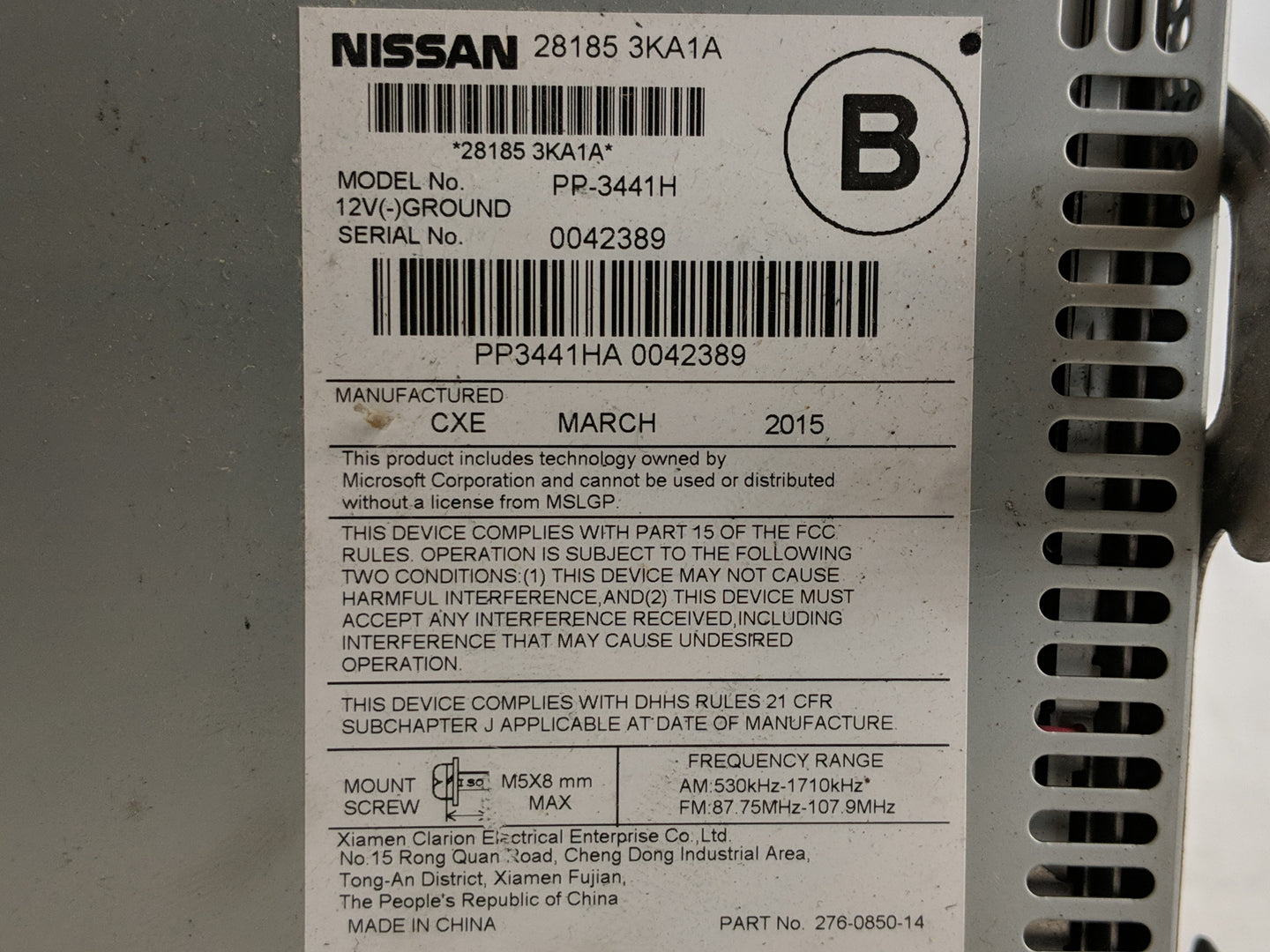 2015-2016 Nissan Pathfinder Radio AM FM Cd Player Receiver Replacement P/N:28185 3KA1A Fits Fits 2015 2016 OEM Used Auto Par