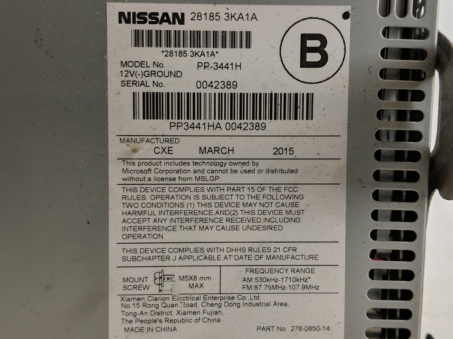 2015-2016 Nissan Pathfinder Radio AM FM Cd Player Receiver Replacement P/N:28185 3KA1A Fits Fits 2015 2016 OEM Used Auto Par
