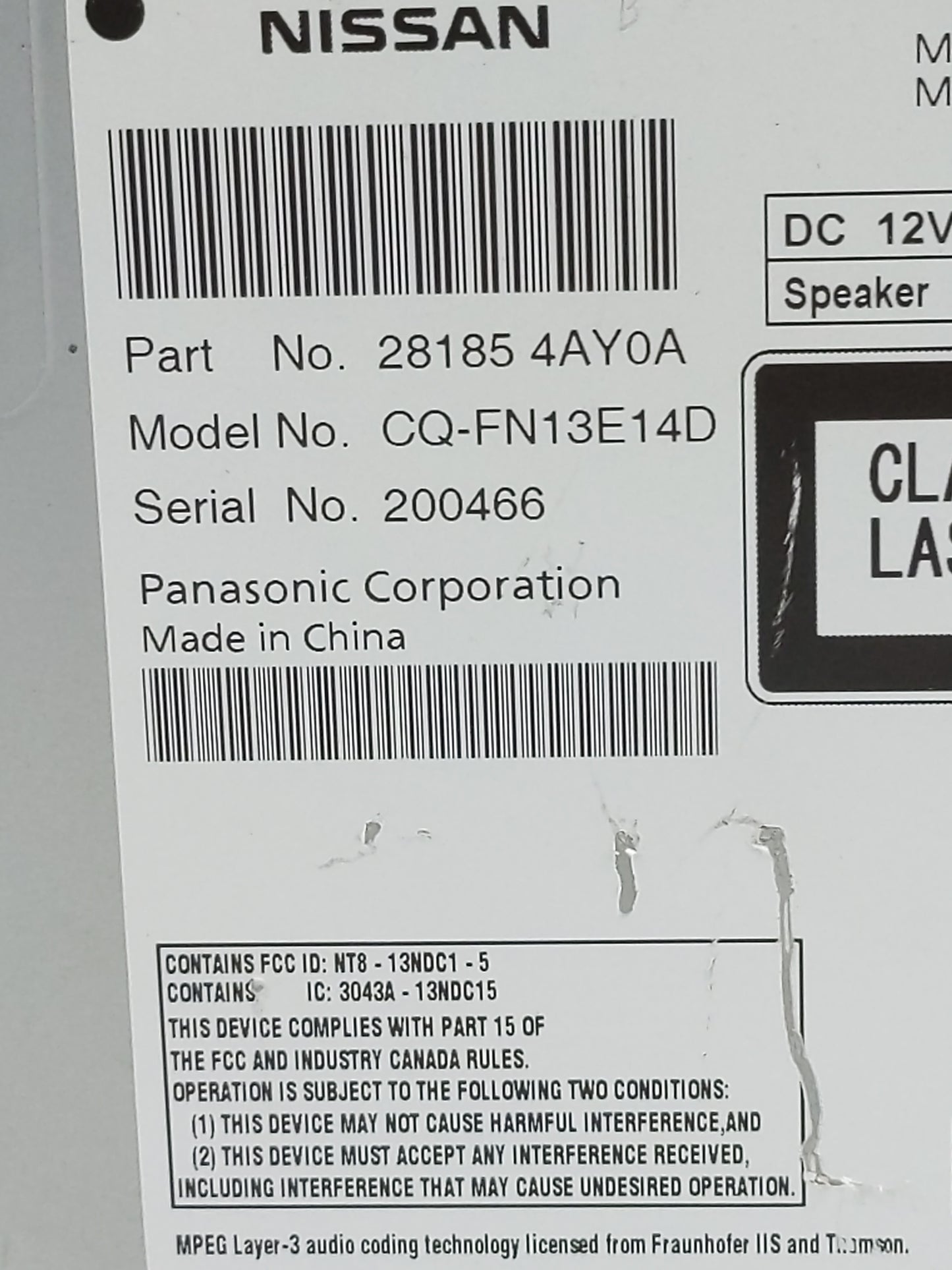 2015-2017 Nissan Quest Radio AM FM Cd Player Receiver Replacement P/N:28185 4AY0A CQ-FN13E14D Fits Fits 2015 2016 2017 OEM U