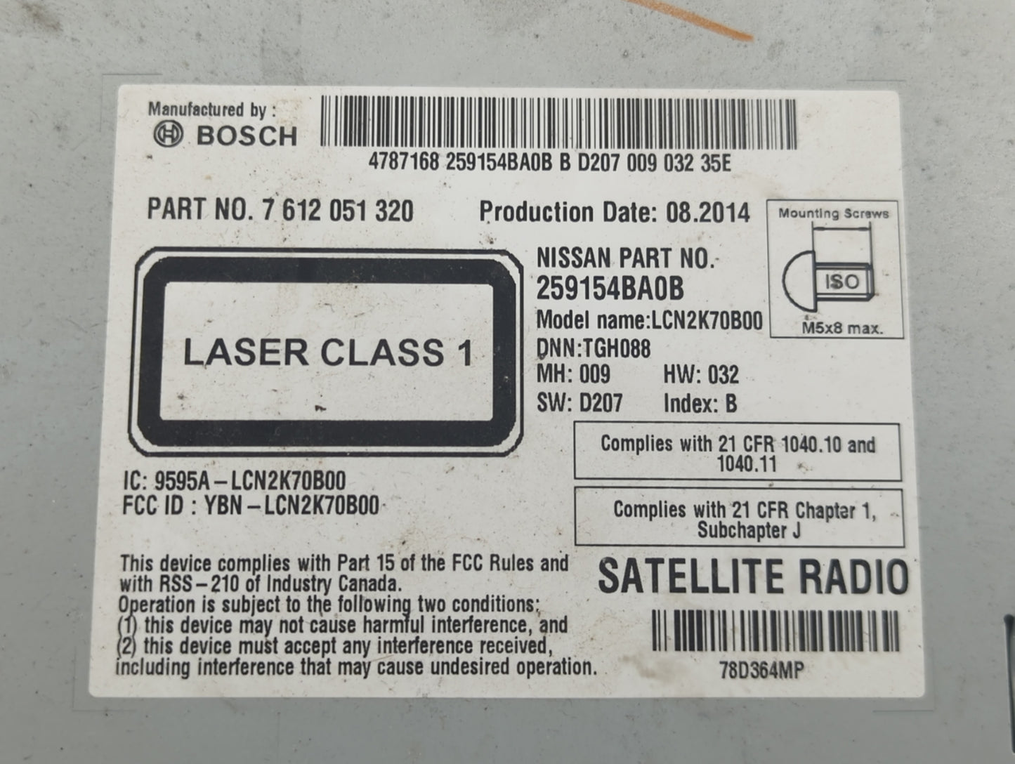 2015-2016 Nissan Rogue Radio AM FM Cd Player Receiver Replacement P/N:259154BA0B 7 612 051 320 Fits Fits 2015 2016 OEM Used 