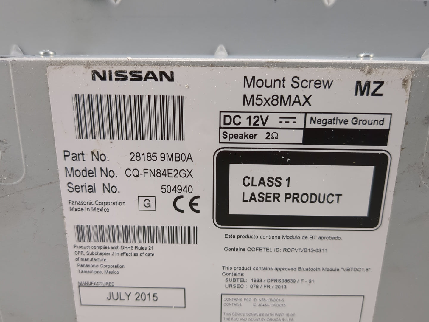 2015 Nissan Sentra Radio AM FM Cd Player Receiver Replacement P/N:28185 9MB0A CQ-FN84E2GX, 281859MB0A Fits Fits 2016 OEM Use