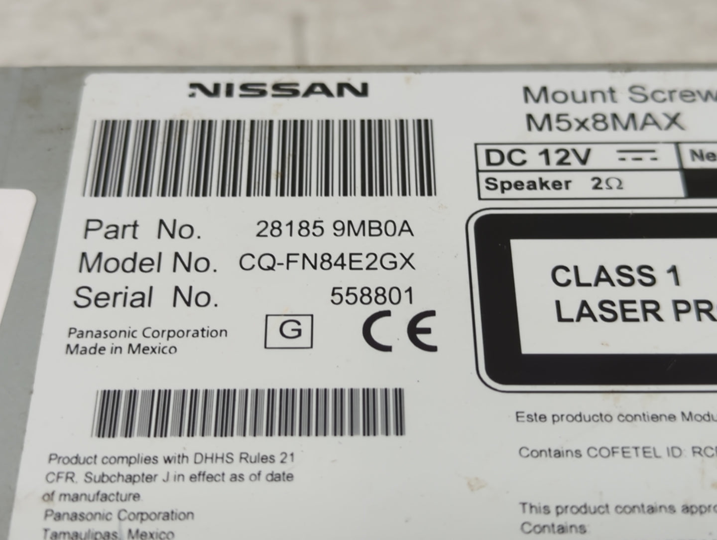 2015 Nissan Sentra Radio AM FM Cd Player Receiver Replacement P/N:281859MB0A CQ-FN84E2GX Fits Fits 2016 OEM Used Auto Parts 