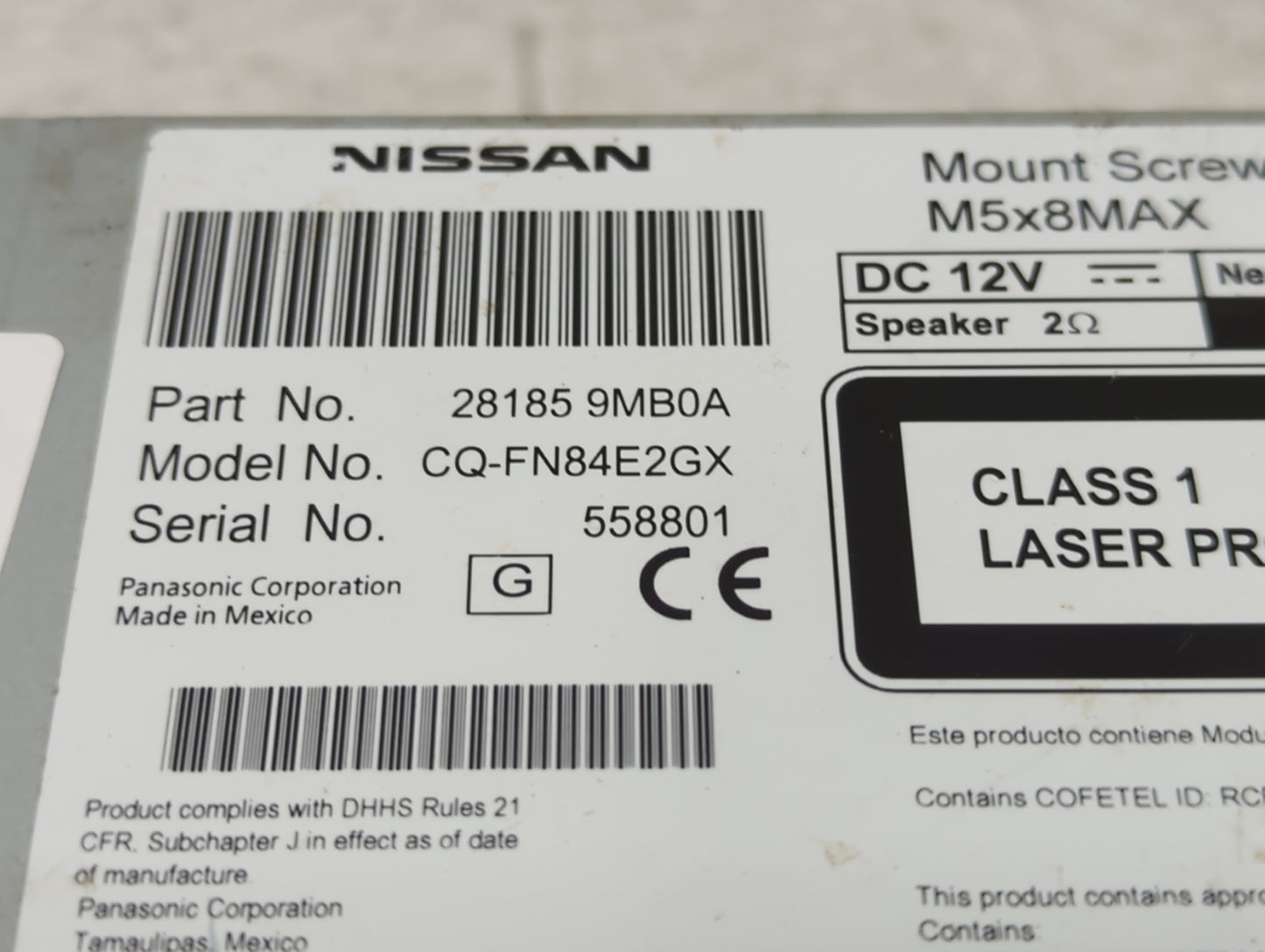 2015 Nissan Sentra Radio AM FM Cd Player Receiver Replacement P/N:281859MB0A CQ-FN84E2GX Fits Fits 2016 OEM Used Auto Parts 
