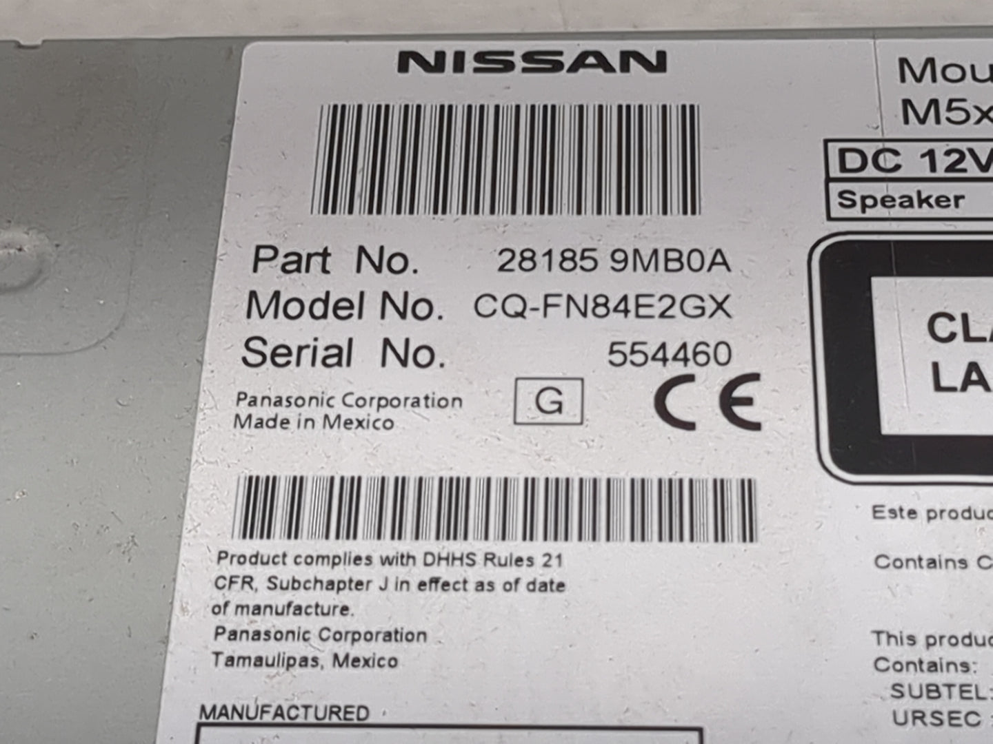 2015 Nissan Sentra Radio AM FM Cd Player Receiver Replacement P/N:281859MB0A CQ-FN84E2GX Fits Fits 2016 OEM Used Auto Parts 