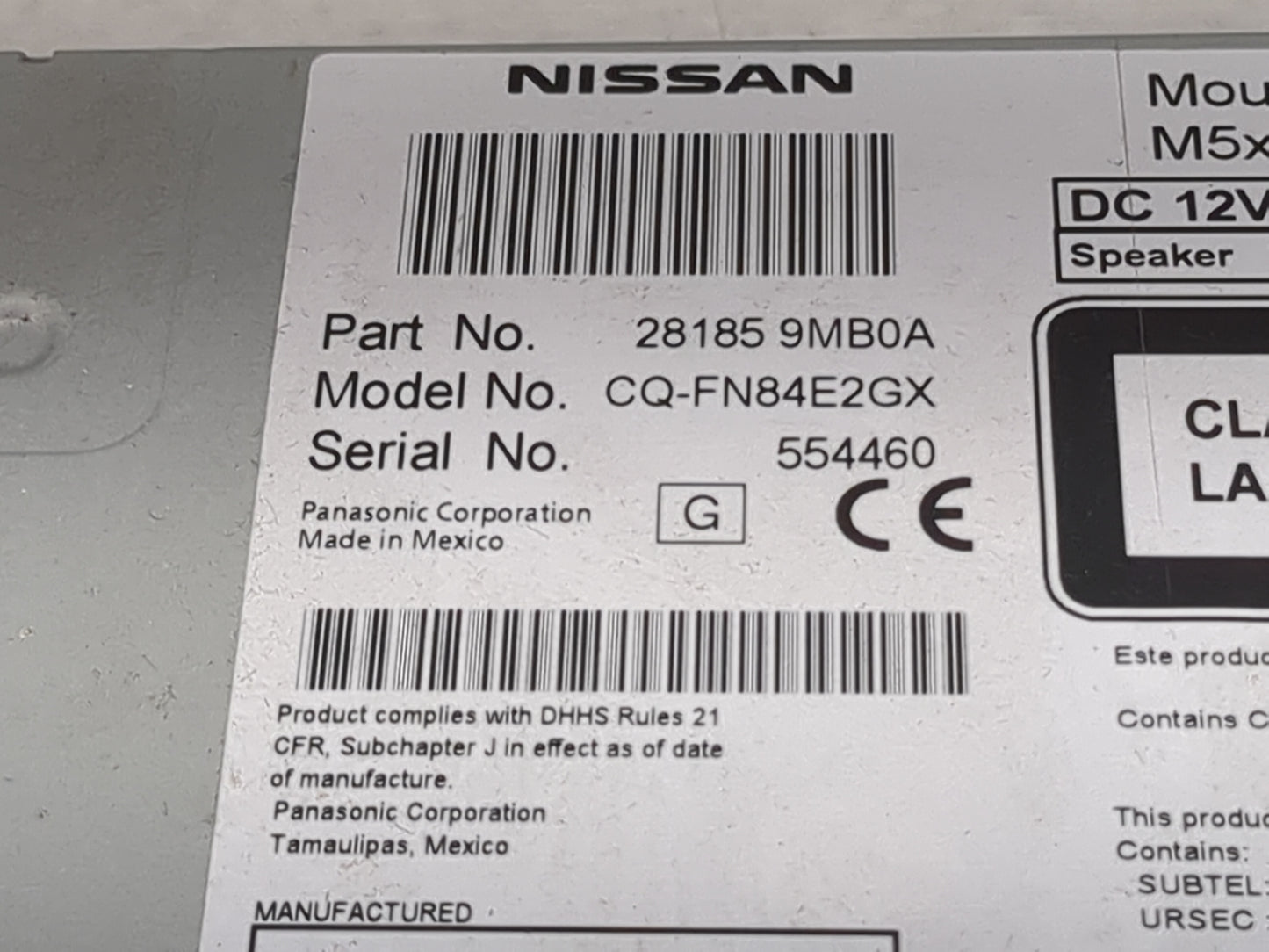 2015 Nissan Sentra Radio AM FM Cd Player Receiver Replacement P/N:281859MB0A CQ-FN84E2GX Fits Fits 2016 OEM Used Auto Parts 