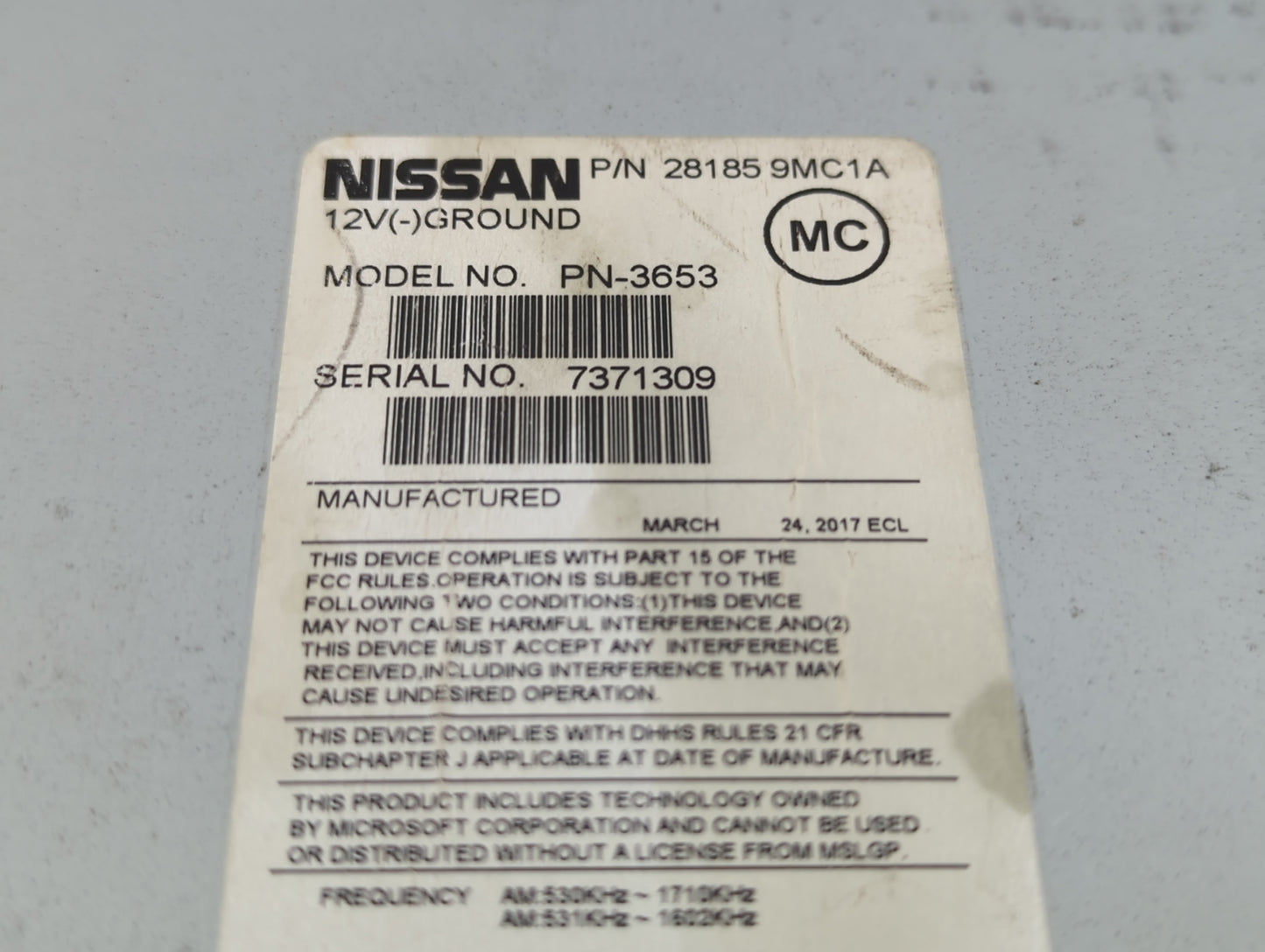 2015-2018 Nissan Versa Radio AM FM Cd Player Receiver Replacement P/N:28185 9MC1A Fits Fits 2015 2016 2017 2018 OEM Used Aut