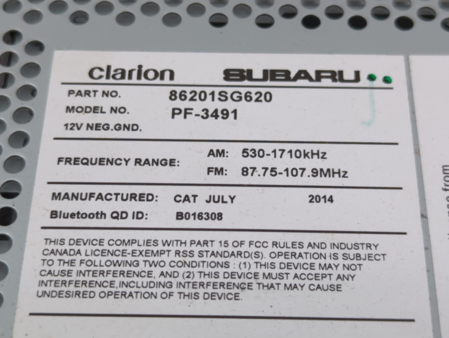 2015 Subaru Forester Radio AM FM Cd Player Receiver Replacement P/N:86201SG620 Fits OEM Used Auto Parts - Oemusedautoparts1.