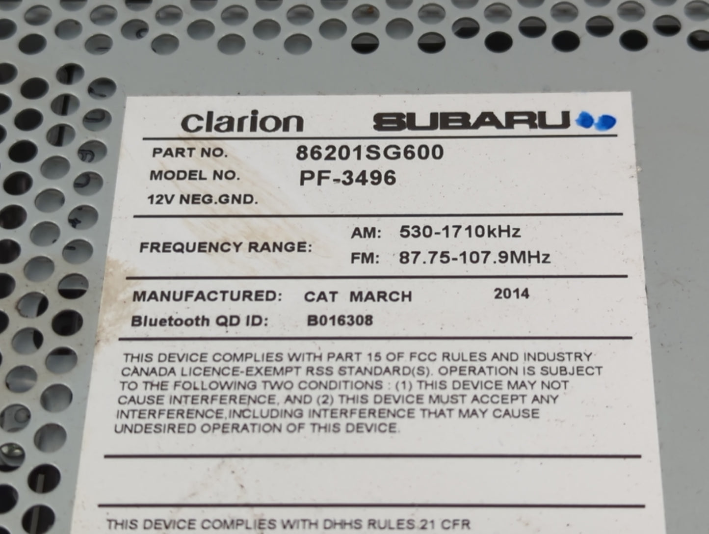 2015 Subaru Forester Radio AM FM Cd Player Receiver Replacement P/N:86201SG620 86201SG600 Fits OEM Used Auto Parts - Oemused