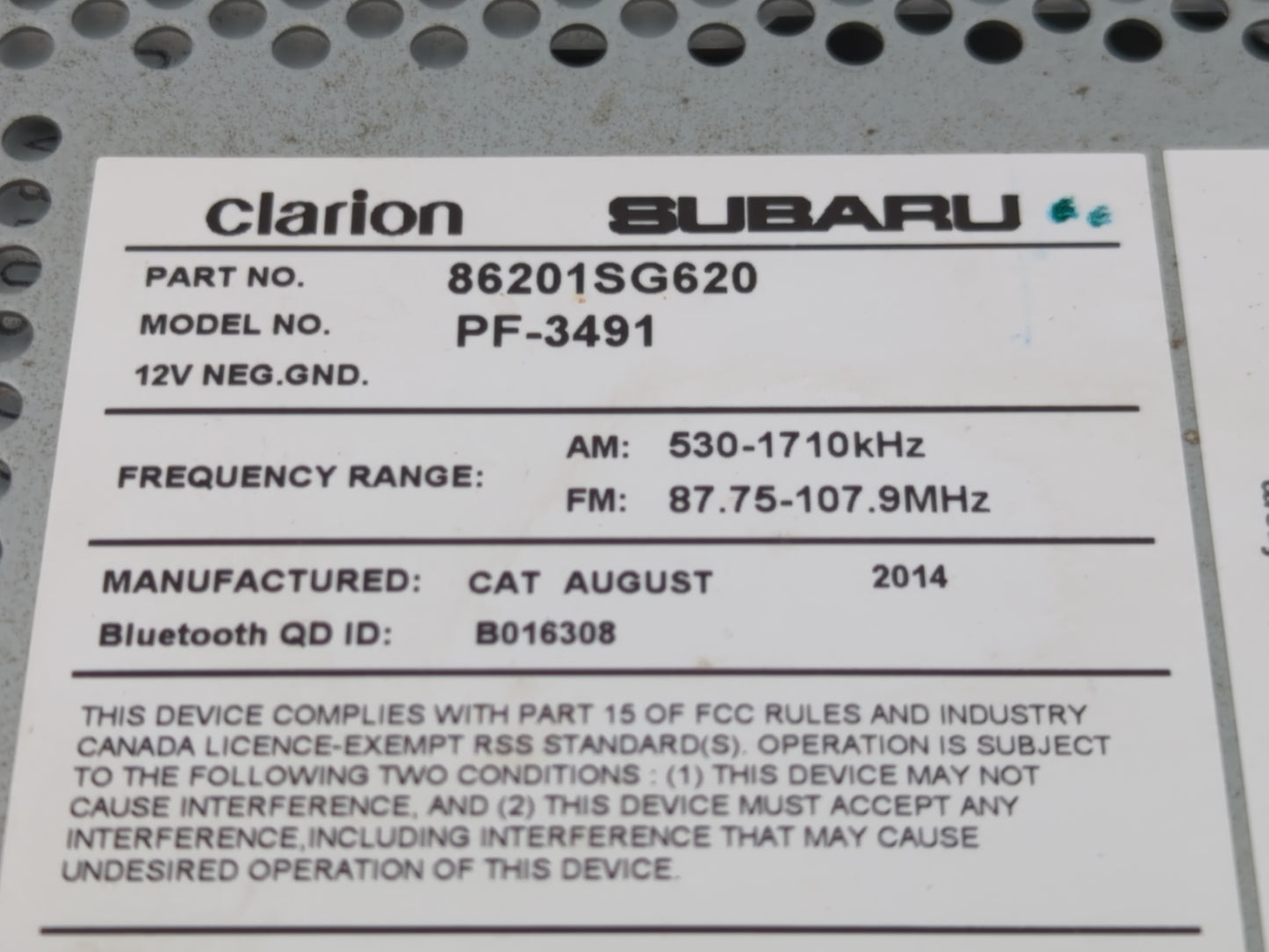 2015 Subaru Forester Radio AM FM Cd Player Receiver Replacement P/N:86201SG620 Fits OEM Used Auto Parts - Oemusedautoparts1.