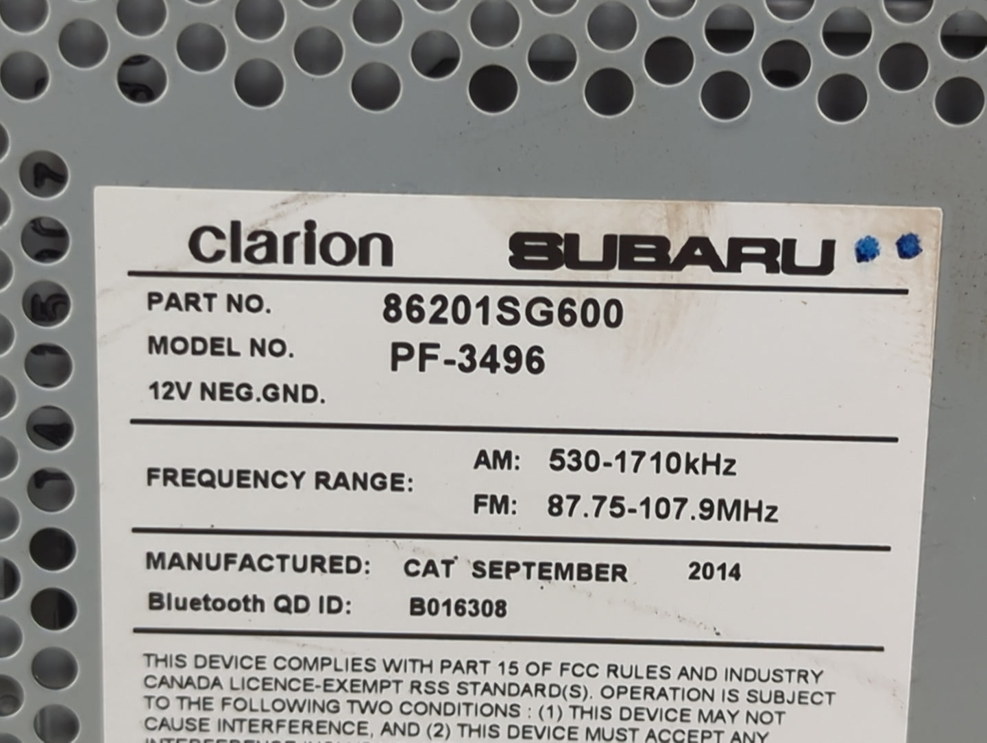 2015 Subaru Forester Radio AM FM Cd Player Receiver Replacement P/N:86201SG600 PF-3496 Fits OEM Used Auto Parts - Oemusedaut