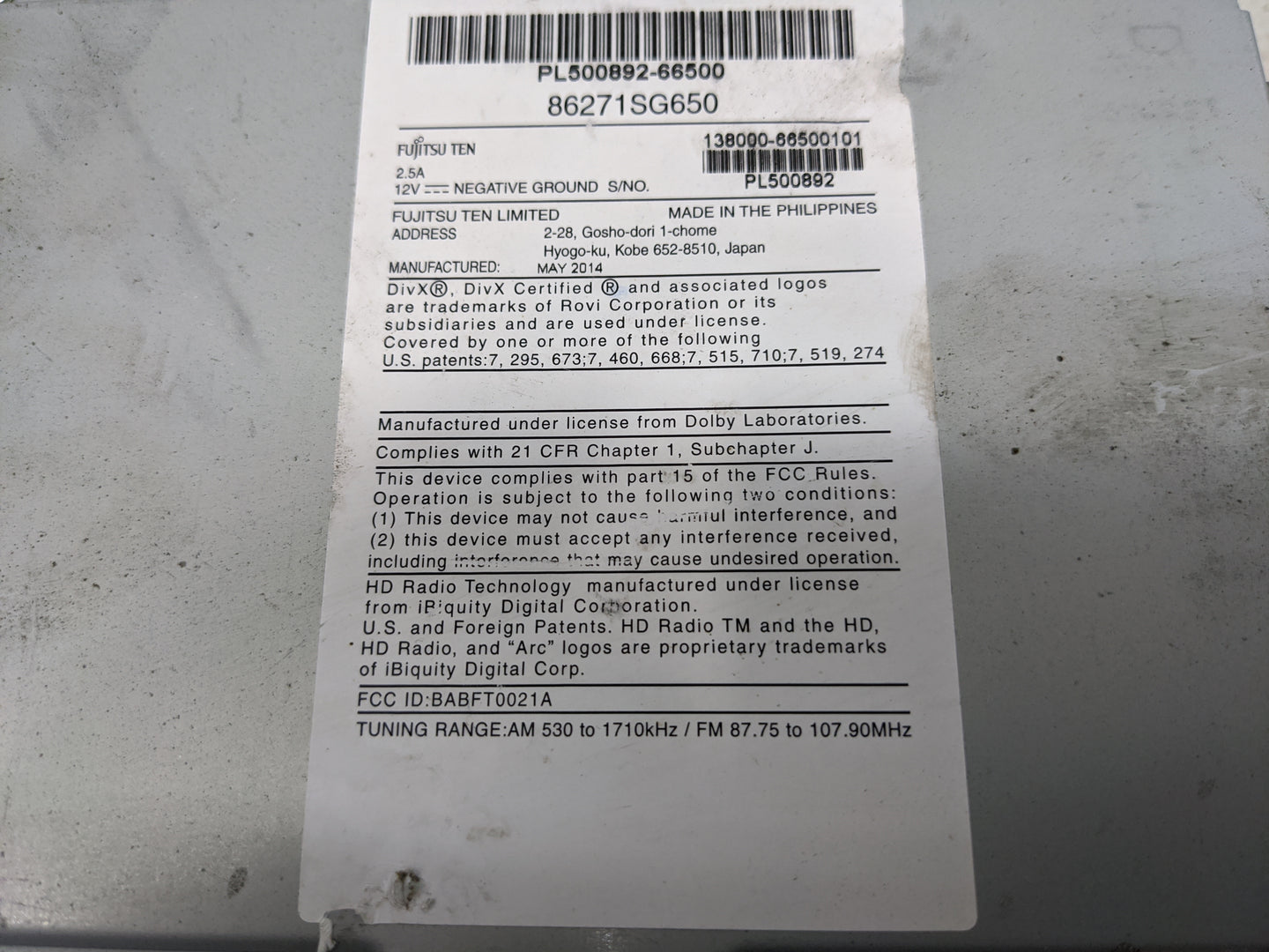 2015 Subaru Forester Radio AM FM Cd Player Receiver Replacement P/N:86271SG650 PL500892-66500, 138000-66500101, PL500892 Fit