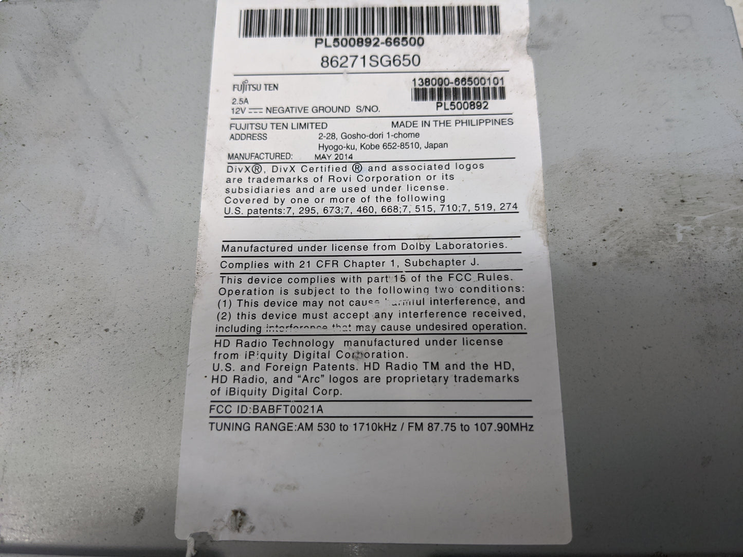 2015 Subaru Forester Radio AM FM Cd Player Receiver Replacement P/N:86271SG650 PL500892-66500, 138000-66500101, PL500892 Fit