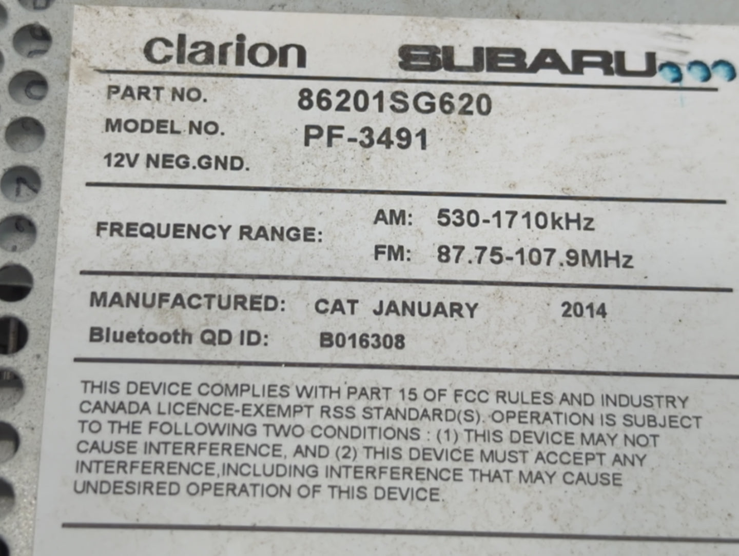 2015 Subaru Forester Radio AM FM Cd Player Receiver Replacement P/N:PF-3491 86201SG620 Fits OEM Used Auto Parts - Oemusedaut