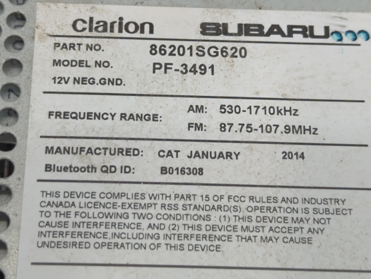 2015 Subaru Forester Radio AM FM Cd Player Receiver Replacement P/N:PF-3491 86201SG620 Fits OEM Used Auto Parts - Oemusedaut