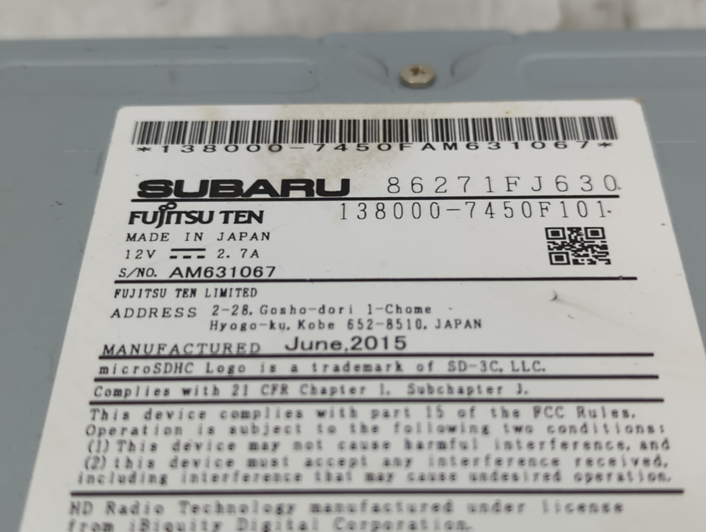 2015 Subaru Impreza Radio AM FM Cd Player Receiver Replacement P/N:86271FJ630 Fits OEM Used Auto Parts - Oemusedautoparts1.c
